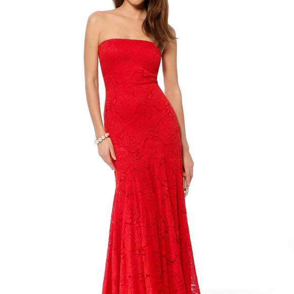 Fire Red Strapless Lace Mermaid Gown - Picture 1 of 5